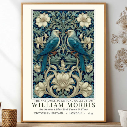 Framed artwork with birds and floral design, featuring William Morris branding.
