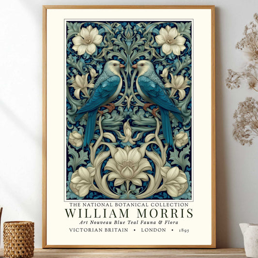 Framed artwork with birds and floral design, featuring William Morris branding.