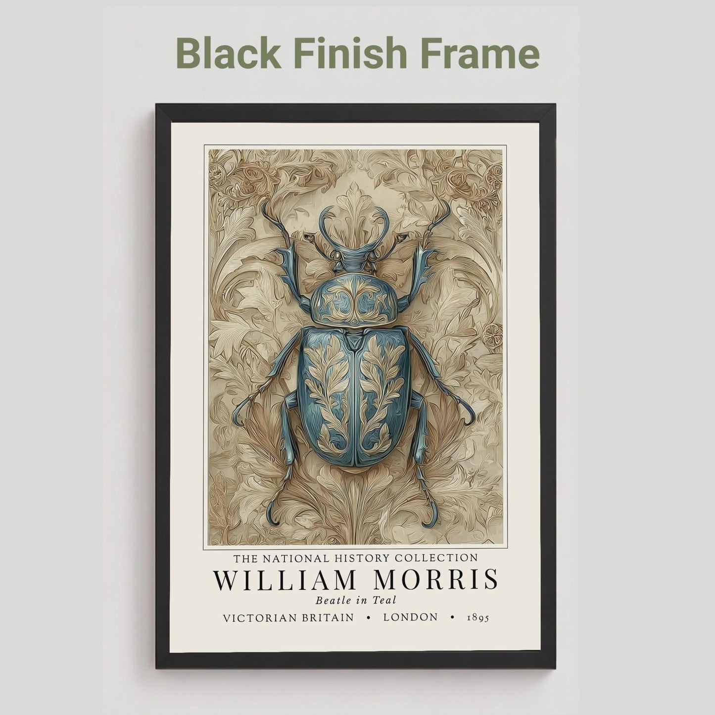 black Framed artwork of a beetle with decorative patterns on a light gray background. William Morris teal beetle exhibition print in a black frame on a cream painted wall, victorian insect art poster