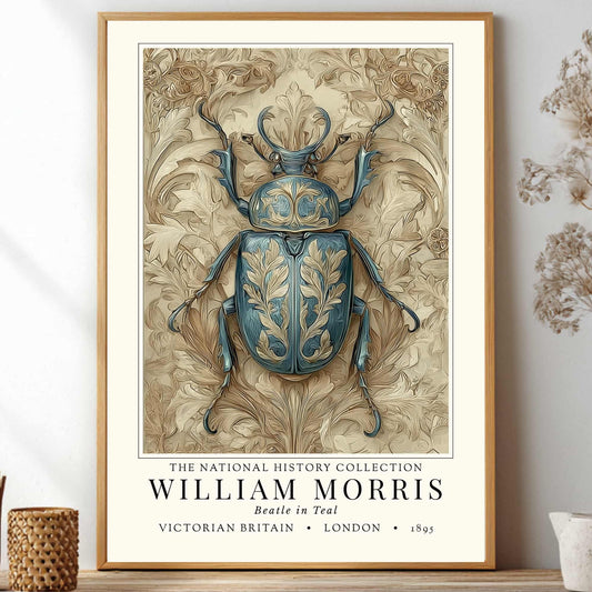 William Morris teal beetle exhibition print in a black frame on a cream painted wall, victorian insect art poster