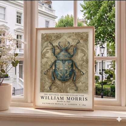 William Morris teal beetle exhibition print in a black frame on a cream painted wall, victorian insect art poster