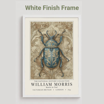 white framed artwork of a detailed beetle illustration with 'White Finish Frame' text above. William Morris teal beetle exhibition print in a black frame on a cream painted wall, victorian insect art poster
