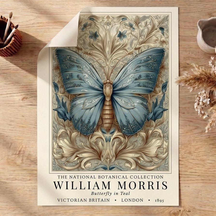 Decorative poster of a butterfly with William Morris branding on a wooden surface.