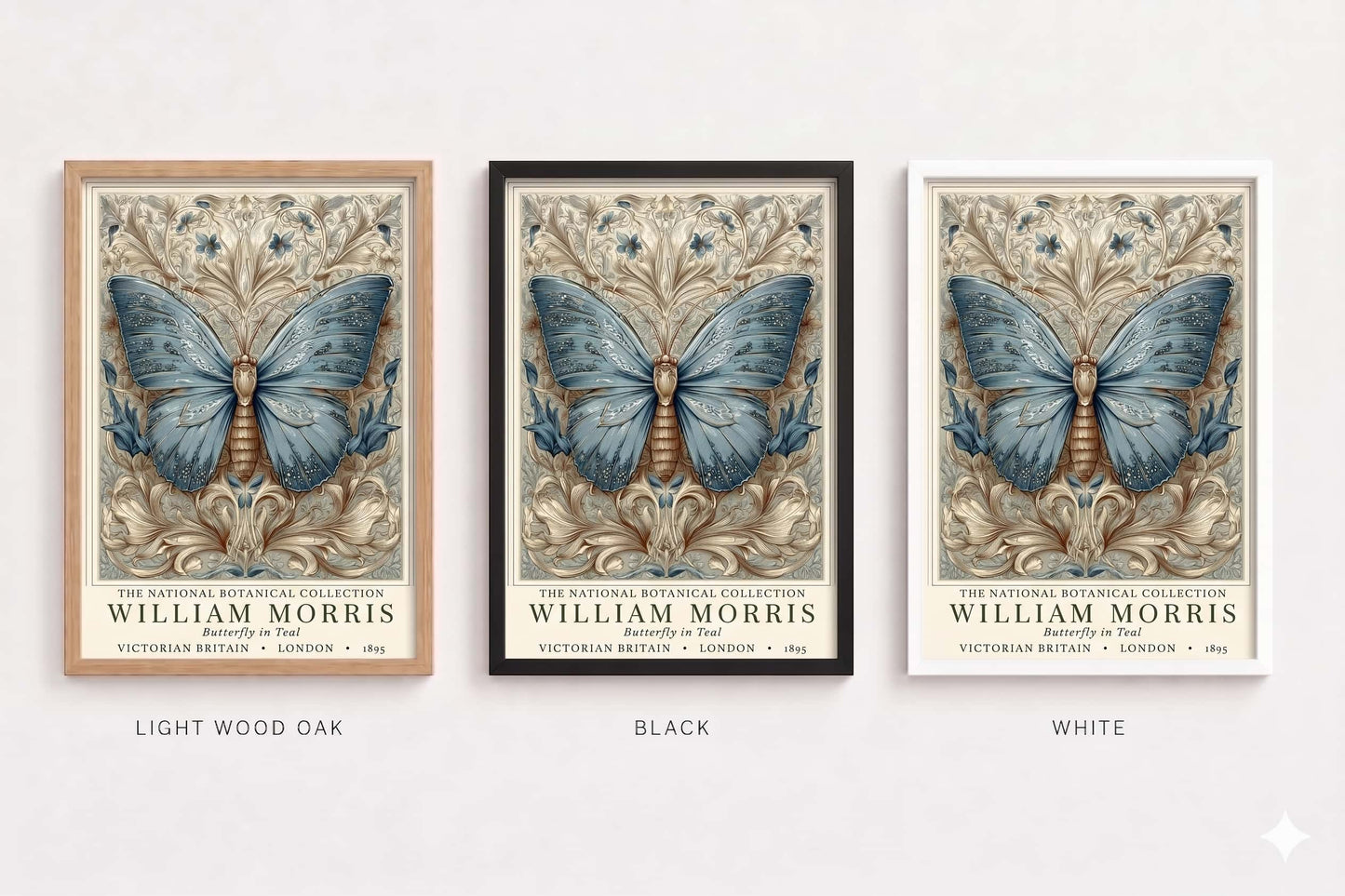 Three framed prints of butterflies by William Morris on a white background.