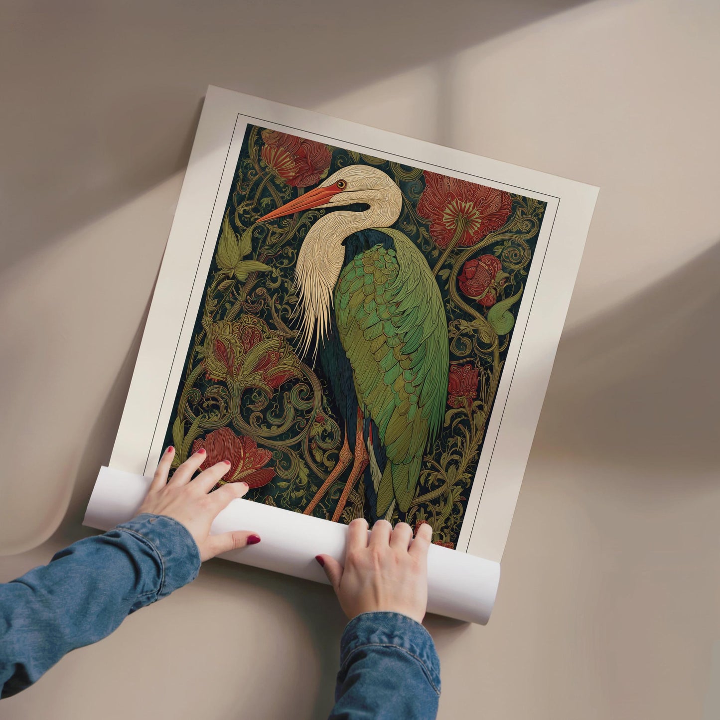 Person unrolling a colorful artwork of a heron on a beige surface. William Morris inspired heron exhibition poster in a jewel-toned palette of forest green, antique crimson and old gold, featuring a grey heron amid ornate pimpernel blooms and curling vines — Victorian Arts and Crafts style, framed print.
