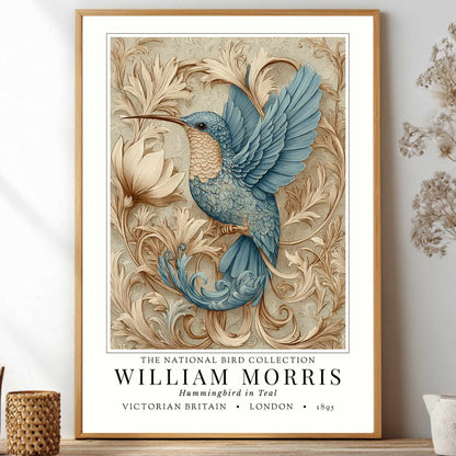 Willam Morris Exhibition Style - Framed artwork of a blue bird with decorative elements on a wall.
