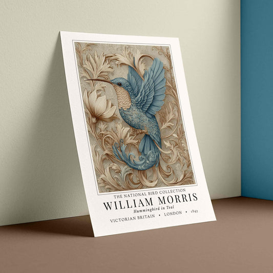 Poster with a decorative design of a bird and floral elements, featuring the text 'William Morris'. William Morris Hummingbird in Teal — Exhibition Poster Print | Arts & Crafts Hummingbird Art with Acanthus Botanical Detail