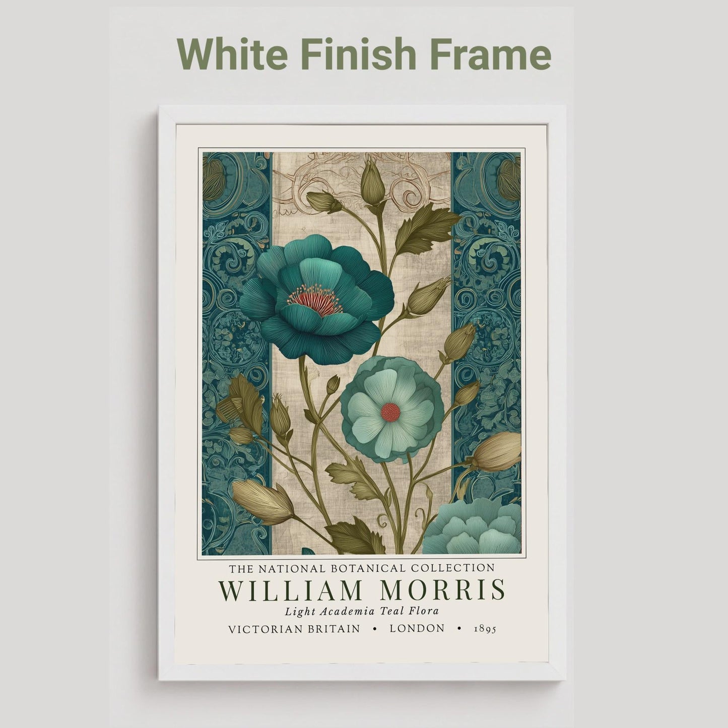 A white framed botanical print showcasing teal flowers with red centers and green foliage. The print is from the William Morris collection, with text indicating "Victorian Britain" and "London 1895". The artwork has a vintage style.