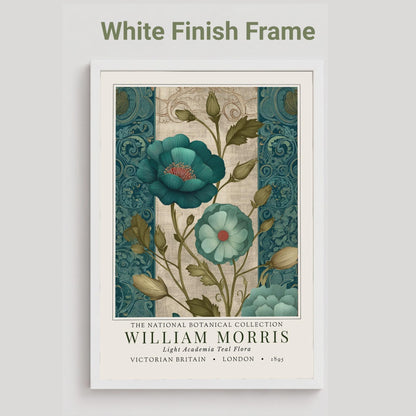 A white framed botanical print showcasing teal flowers with red centers and green foliage. The print is from the William Morris collection, with text indicating "Victorian Britain" and "London 1895". The artwork has a vintage style.