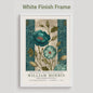 A white framed botanical print showcasing teal flowers with red centers and green foliage. The print is from the William Morris collection, with text indicating "Victorian Britain" and "London 1895". The artwork has a vintage style.