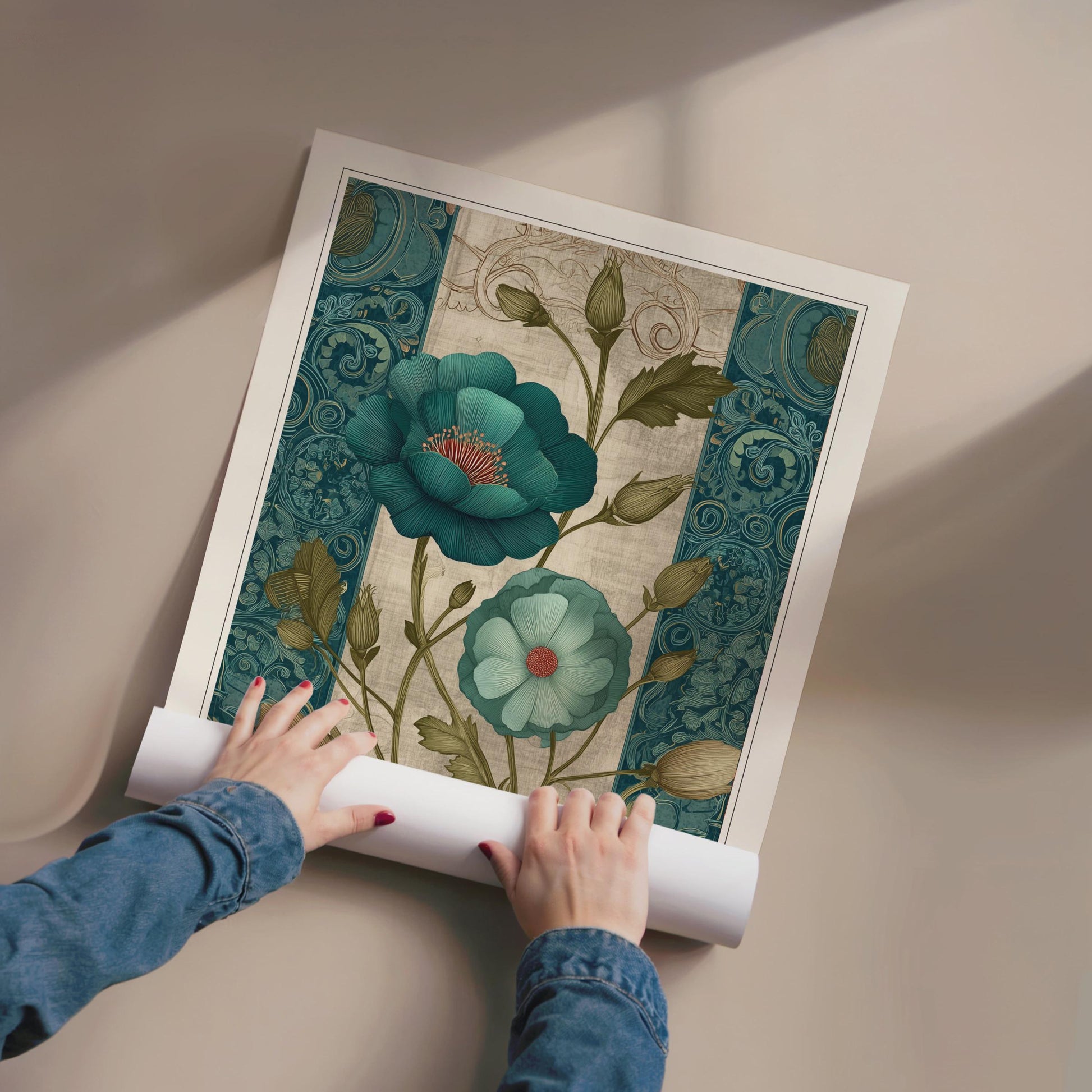 Person unrolling a floral artwork on a beige surface. An unframed botanical print showcasing teal flowers with red centers and green foliage. The print is from the William Morris collection, with text indicating "Victorian Britain" and "London 1895". The artwork has a vintage style.