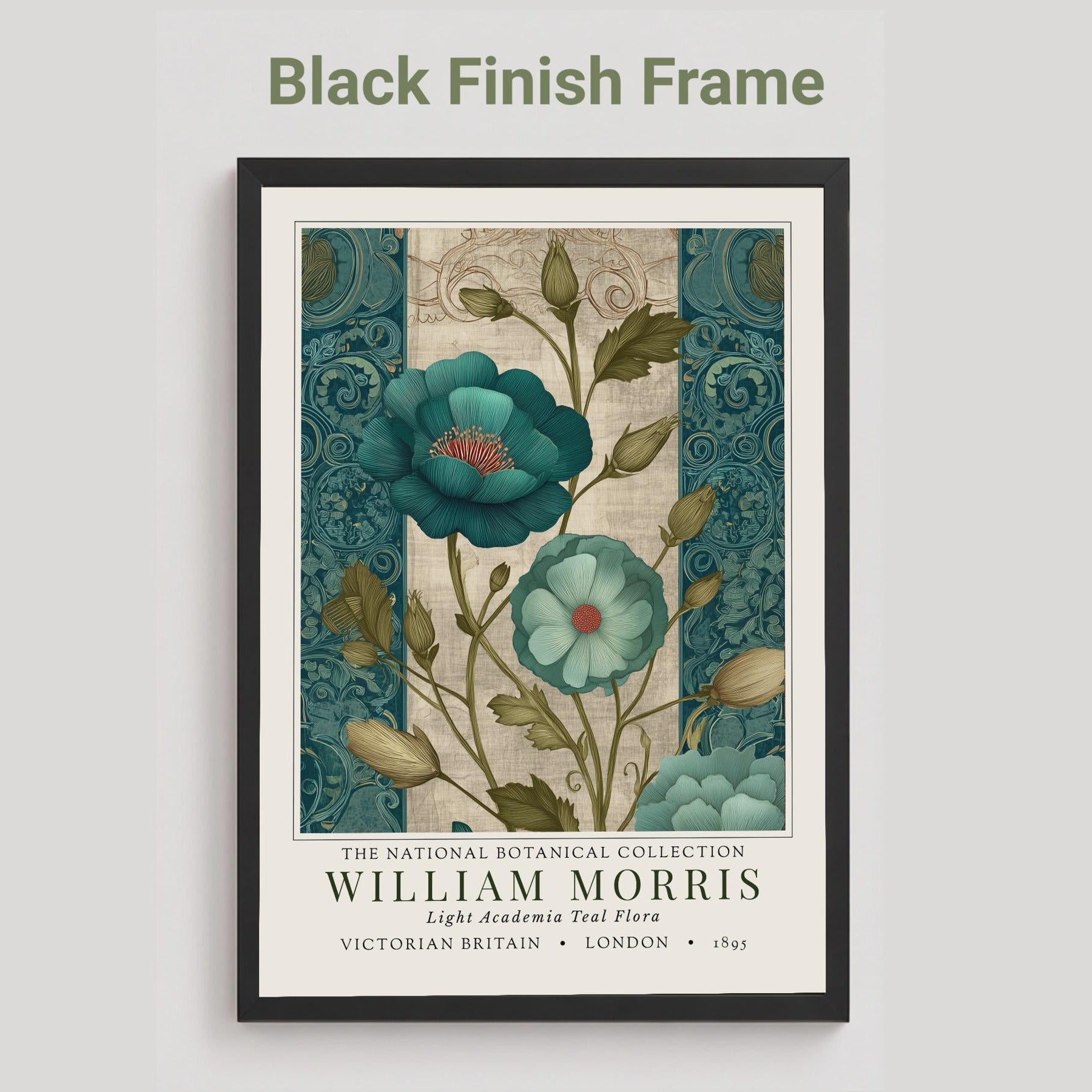 A black framed botanical print showcasing teal flowers with red centers and green foliage. The print is from the William Morris collection, with text indicating "Victorian Britain" and "London 1895". The artwork has a vintage style.