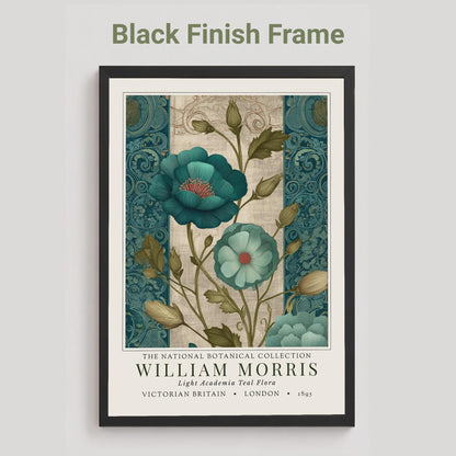 A black framed botanical print showcasing teal flowers with red centers and green foliage. The print is from the William Morris collection, with text indicating "Victorian Britain" and "London 1895". The artwork has a vintage style.