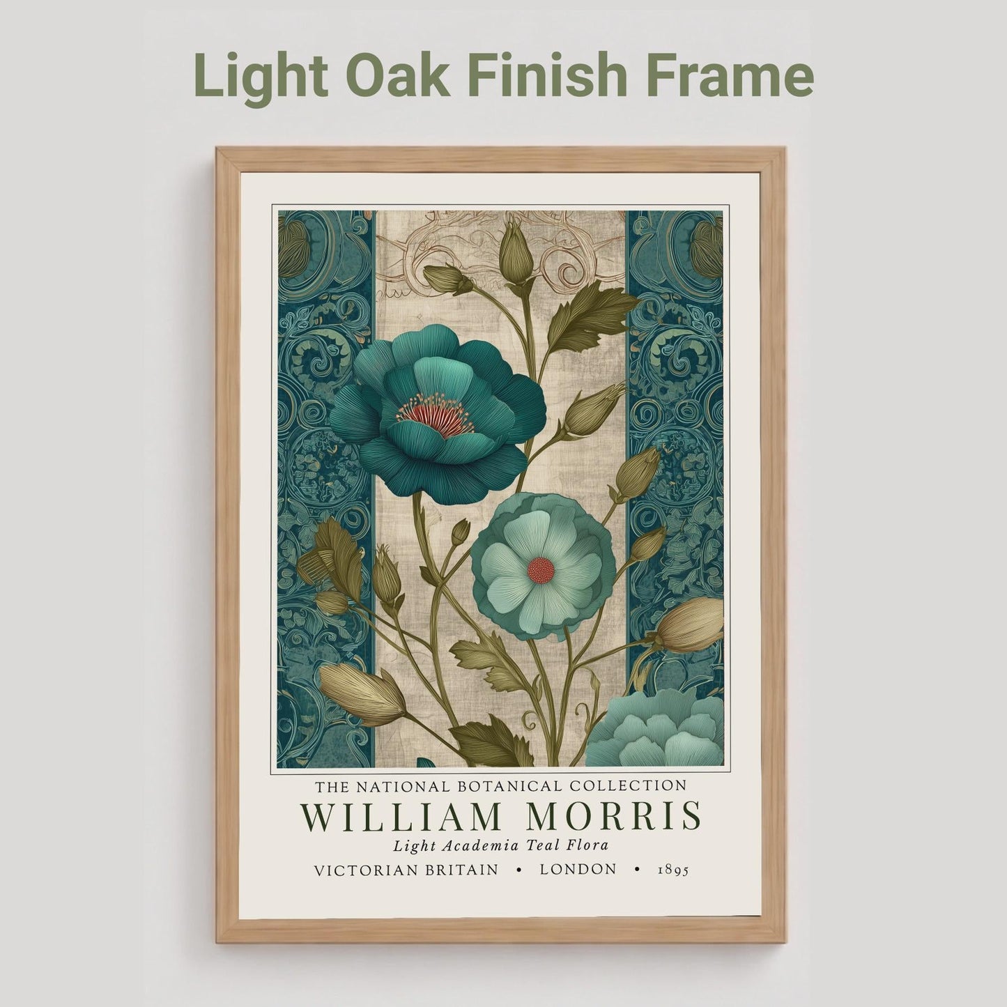 A light oak framed botanical print showcasing teal flowers with red centers and green foliage. The print is from the William Morris collection, with text indicating "Victorian Britain" and "London 1895". The artwork has a vintage style.