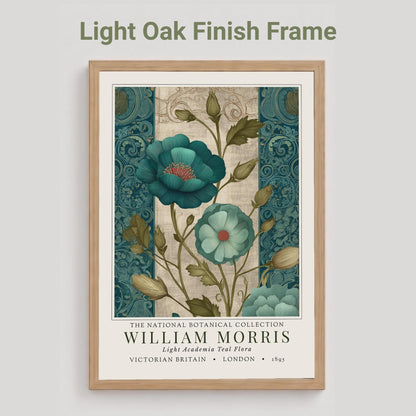 A light oak framed botanical print showcasing teal flowers with red centers and green foliage. The print is from the William Morris collection, with text indicating "Victorian Britain" and "London 1895". The artwork has a vintage style.