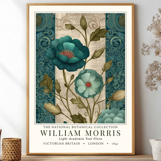 Framed botanical artwork with flowers on a wall next to decorative items. A framed botanical print showcasing teal flowers with red centers and green foliage. The print is from the William Morris collection, with text indicating "Victorian Britain" and "London 1895". The artwork has a vintage style.