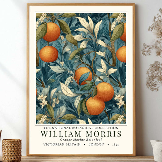 Framed botanical exhibition print by william morris of oranges and leaves on a wall with decorative items.