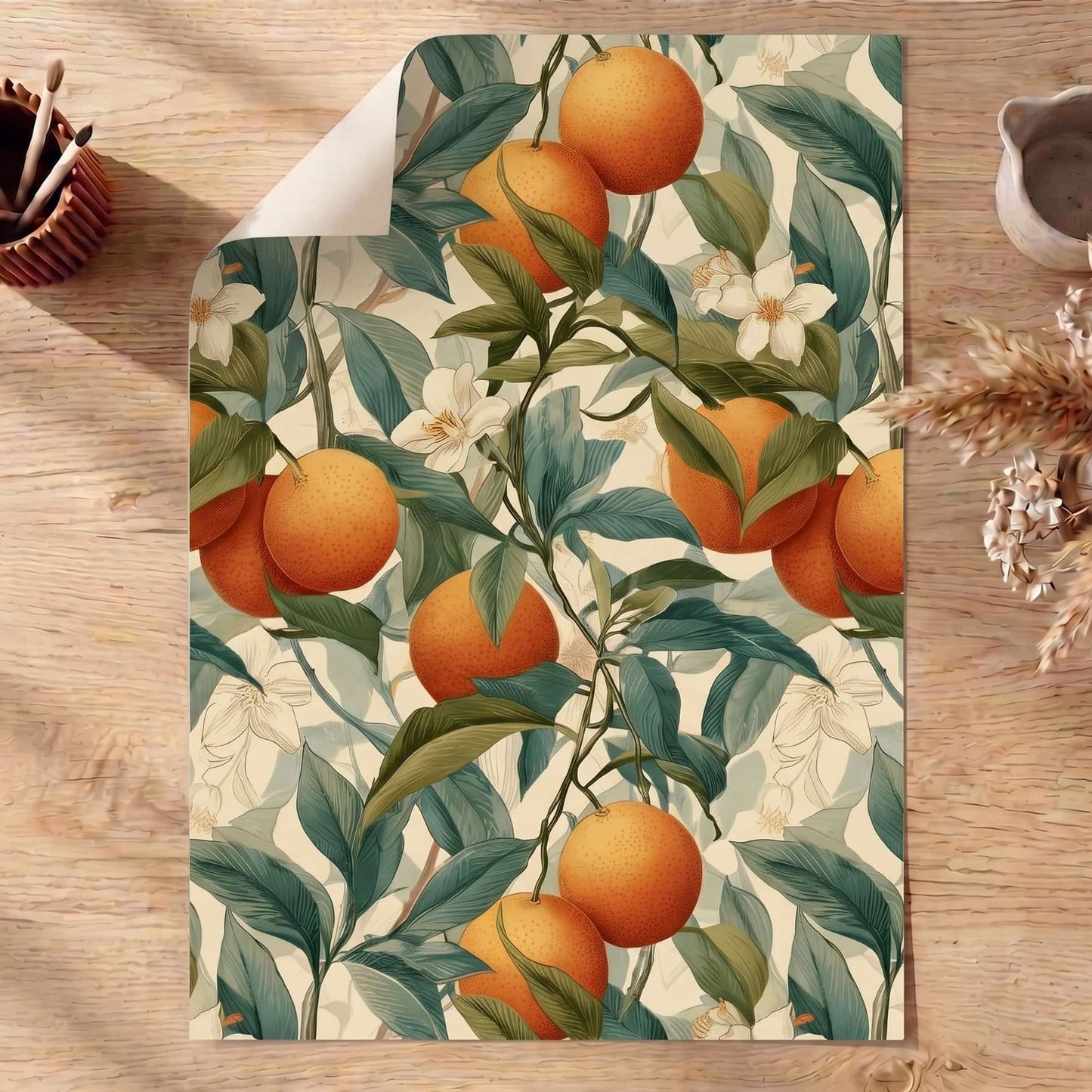 poster with orange and leaf pattern on a wooden table, william morris 