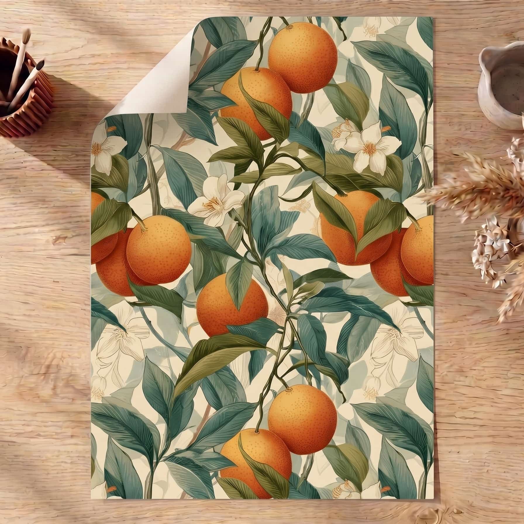 poster with orange and leaf pattern on a wooden table, william morris 