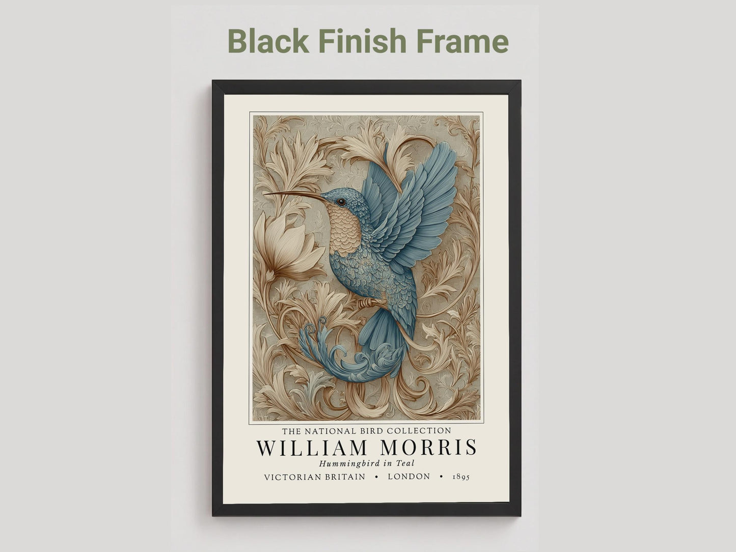Willam Morris Exhibition Style - Framed artwork of a blue bird with decorative elements on a gray background