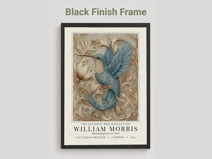 Willam Morris Exhibition Style - Framed artwork of a blue bird with decorative elements on a gray background