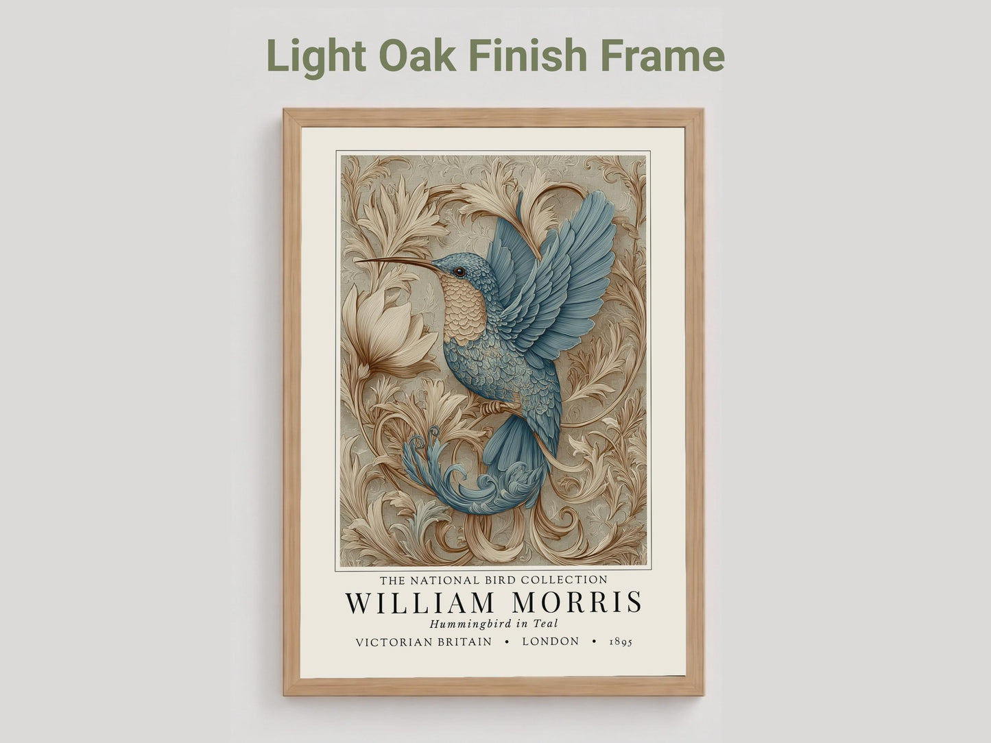 Willam Morris Exhibition Style - Framed artwork of a hummingbird with decorative elements on a light gray background