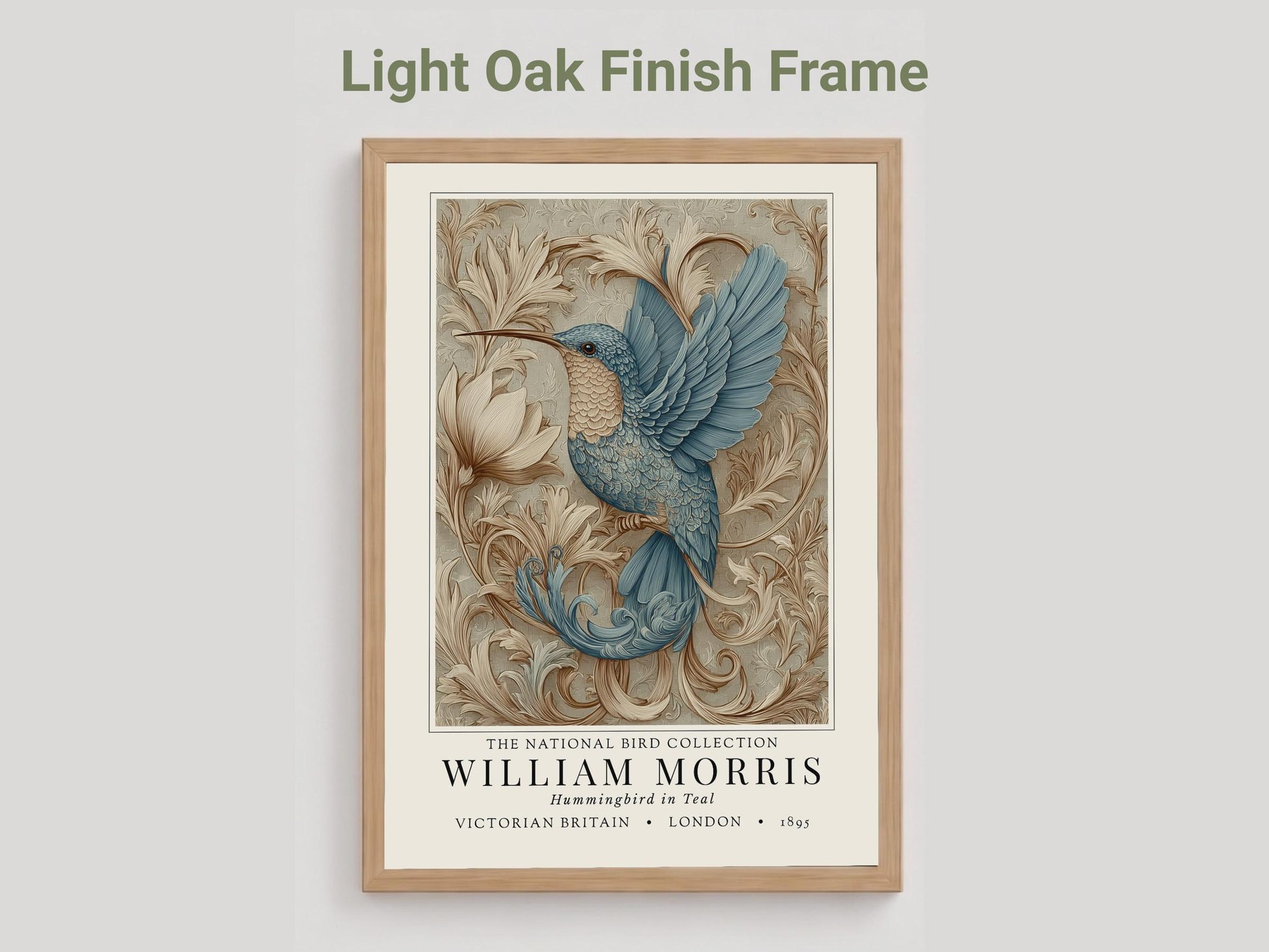 Willam Morris Exhibition Style - Framed artwork of a hummingbird with decorative elements on a light gray background