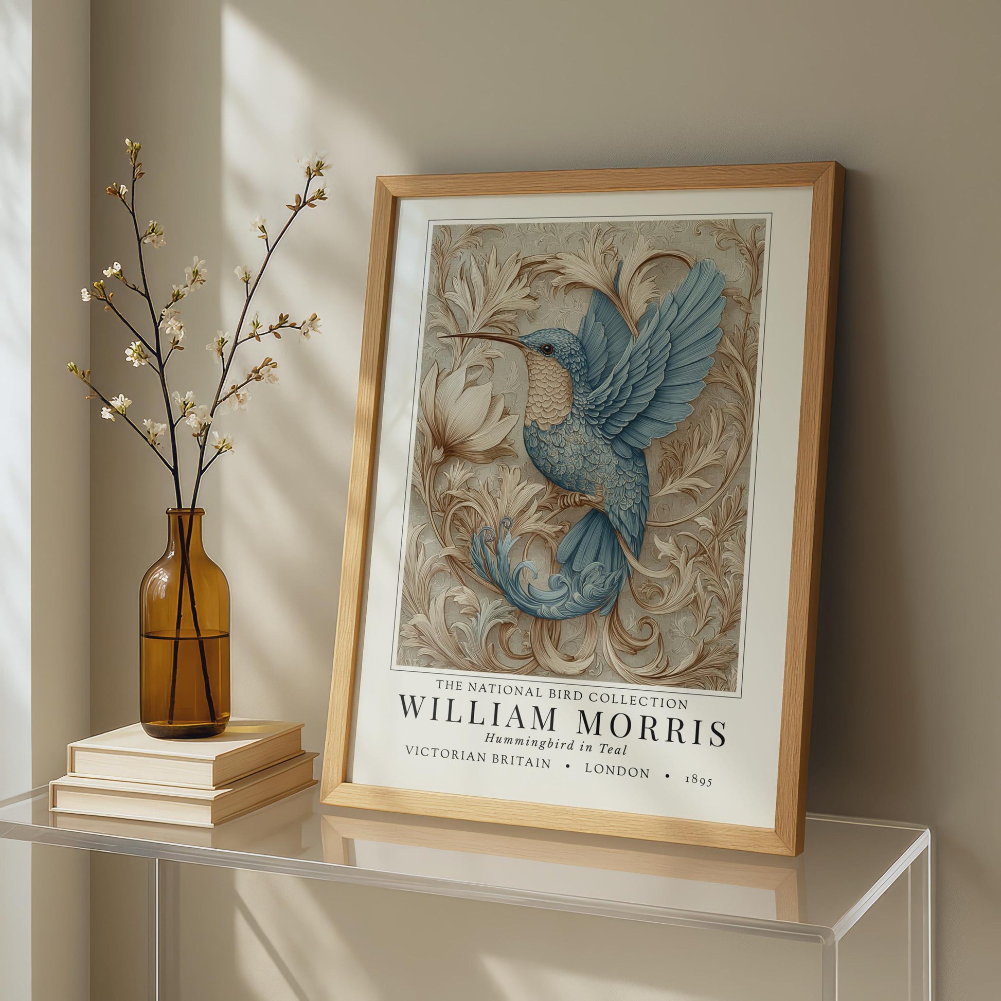 Willam Morris Exhibition Style - Framed artwork of a blue bird on a decorative shelf with a vase and books.