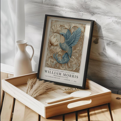 Willam Morris Exhibition Style - Framed artwork of a bird on a wooden tray with decorative items.