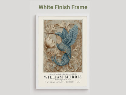 Willam Morris Exhibition Style - Framed artwork of a blue bird with decorative elements on a light gray background