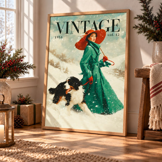A framed vintage-style wall art print leaning against a window in a styled room. The artwork shows a woman in a long green coat and red hat walking a black-and-white dog in the snow, with the word "VINTAGE" and "vol.