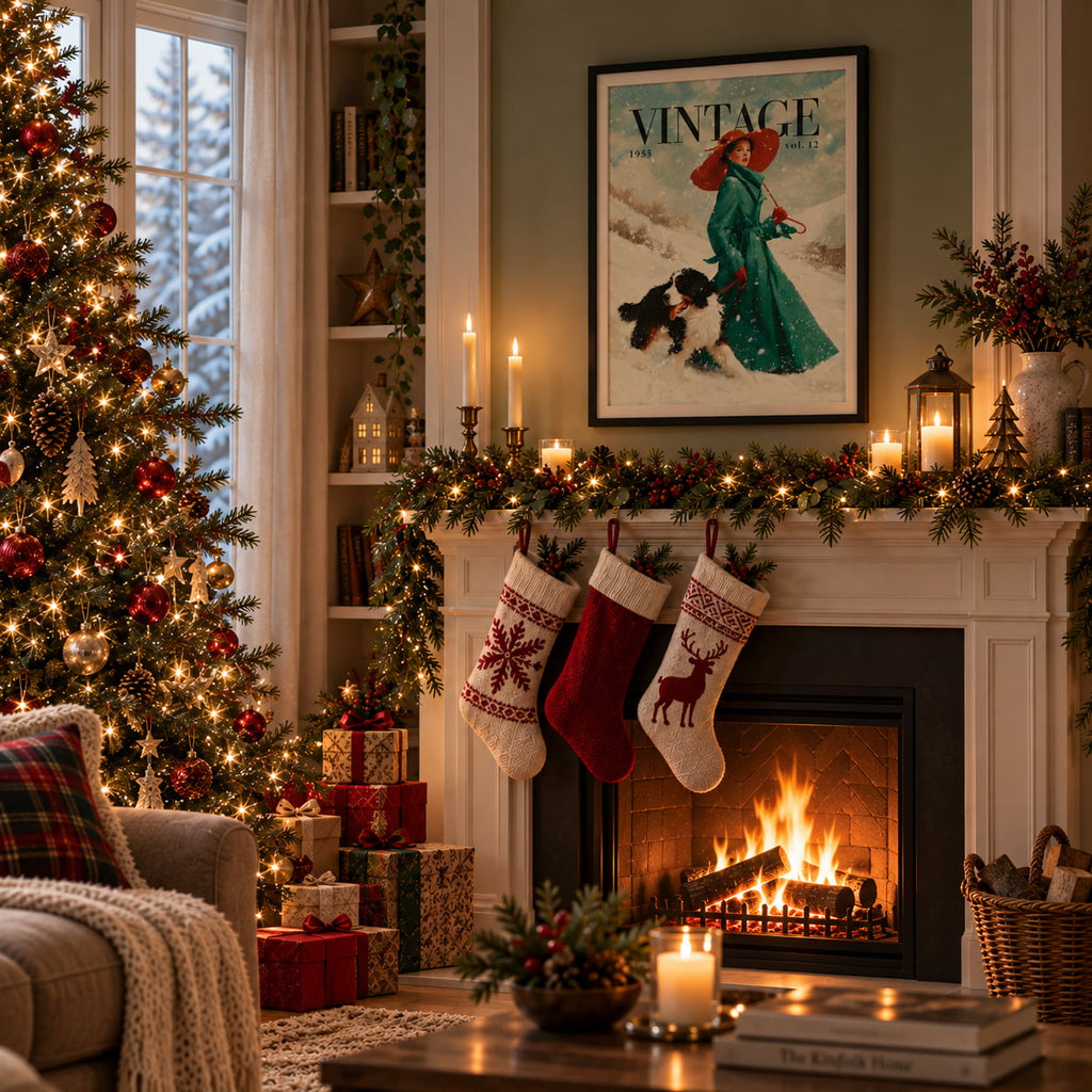 A cozy Christmas living room scene with a decorated tree, fireplace, stockings, candles, wrapped gifts, and a framed vintage-style poster on the wall.