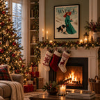 A cozy Christmas living room scene with a decorated tree, fireplace, stockings, candles, wrapped gifts, and a framed vintage-style poster on the wall.