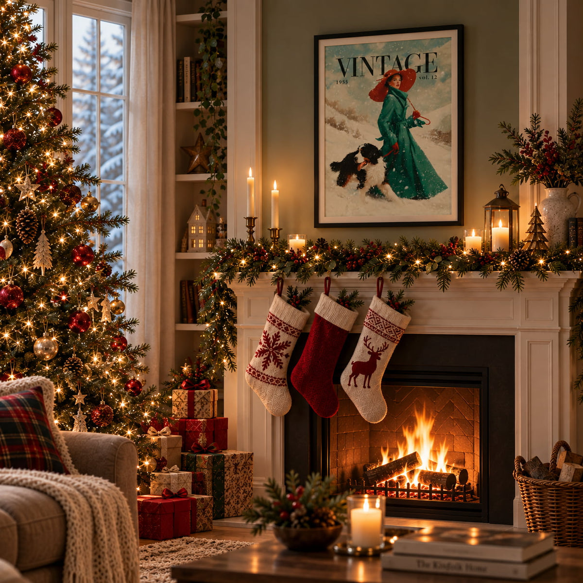 A cozy Christmas living room scene with a decorated tree, fireplace, stockings, candles, wrapped gifts, and a framed vintage-style poster on the wall.