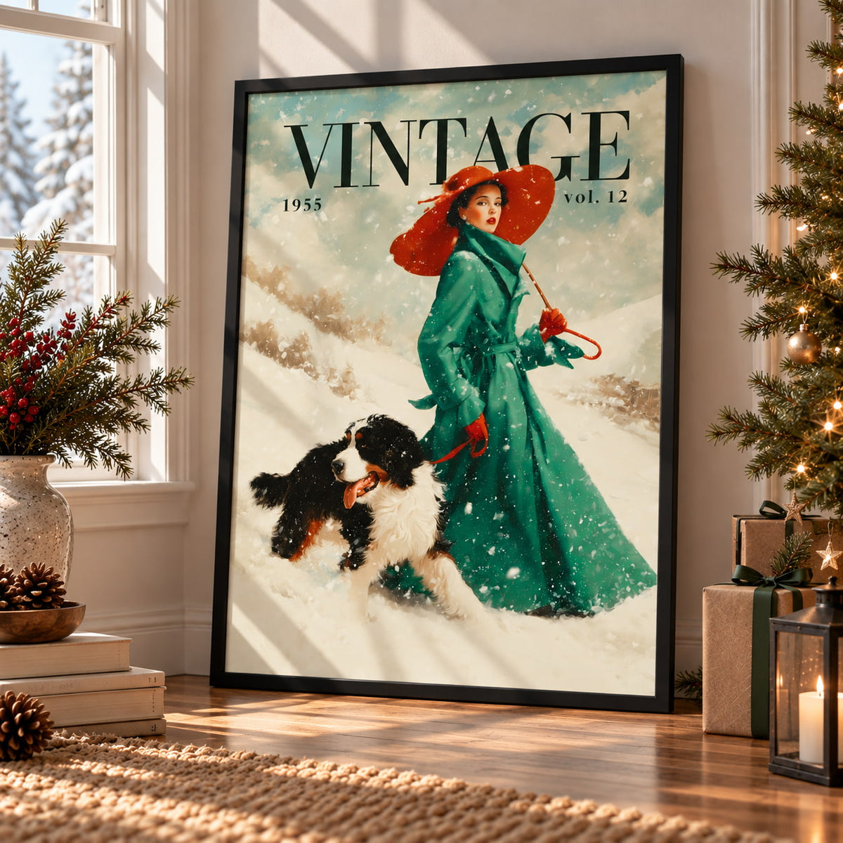 A framed vintage-style poster leaning against a wall in a decorated room. The poster shows a woman in a long green coat and red hat walking a black-and-white dog in the snow, with the text 'VINTAGE 1958 vol.