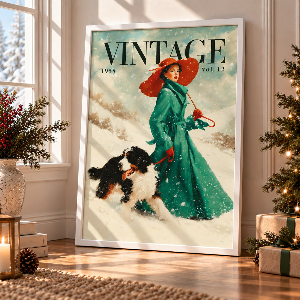 A large framed vintage-style poster leaning against a wall in a decorated room. The poster shows a woman in a teal winter coat and red hat walking with a black-and-white dog in the snow, with the text “VINTAGE 1959 vol.