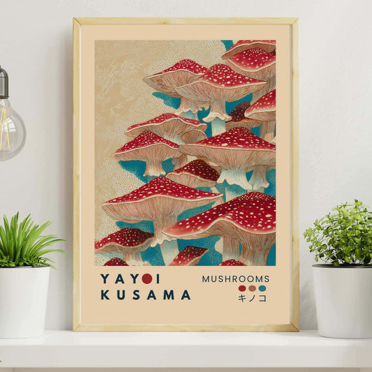 Yayoi Kusama Mushrooms exhibition poster Tokyo in warm retro colors featuring red coral polka dot mushrooms with detailed gills, turquoise accents, beige dotted background, warm beige border, mid-century modern Japanese art print