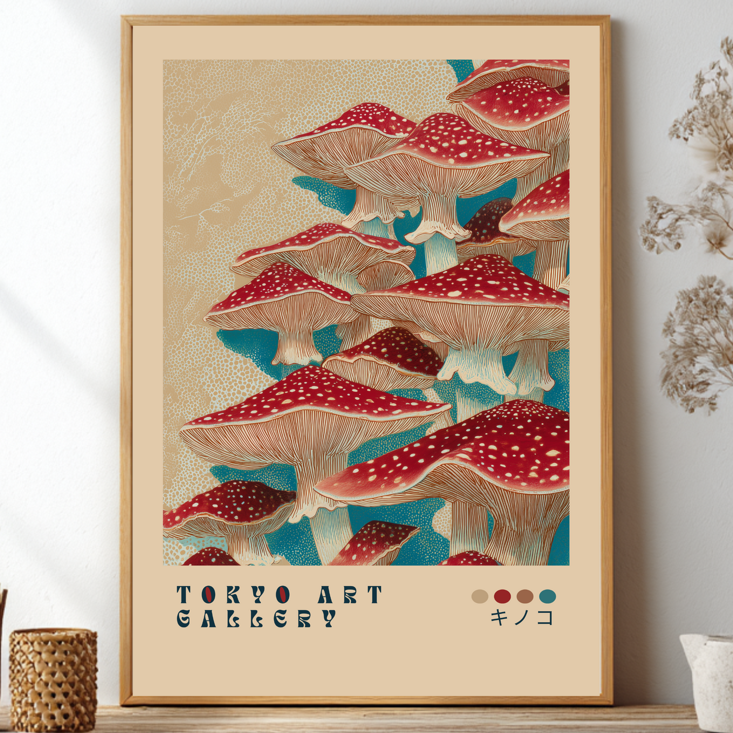 Framed mushroom art print on a wall with decorative elements.