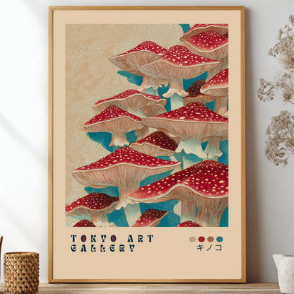Framed mushroom art print on a wall with decorative elements.