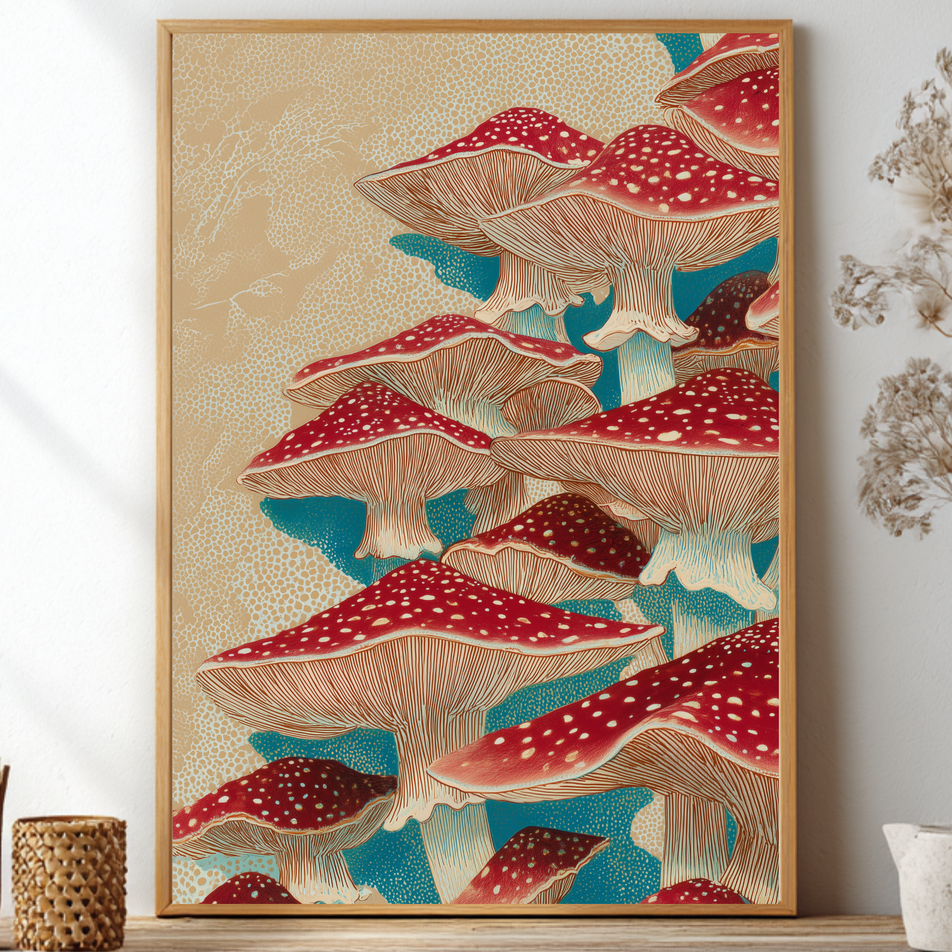 Framed artwork of red and white mushrooms on a wall with decorative items.