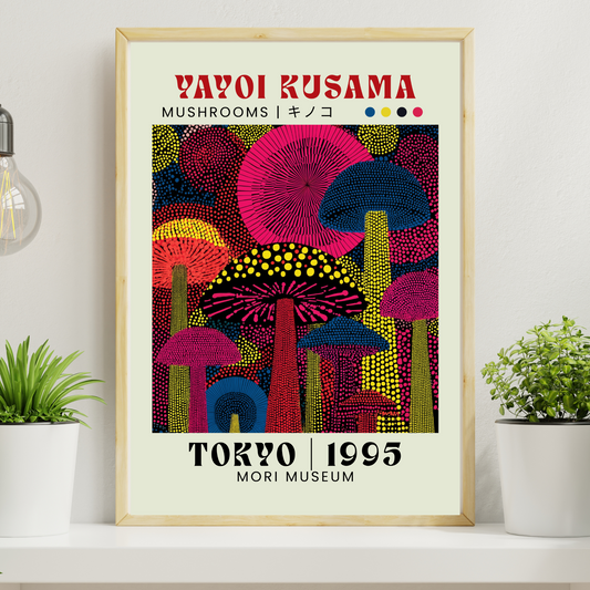 Yayoi Kusama Mushrooms exhibition poster from Tokyo 1995 Mori Museum featuring vibrant polka dot mushrooms in pink, yellow, blue and red on black background, Japanese abstract art print