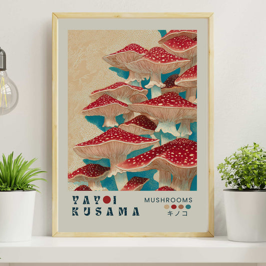 Yayoi Kusama Mushrooms retro poster with red mushrooms white polka dots, turquoise background accents, soft beige dots, cool grey-beige border, vintage Japanese abstract art print