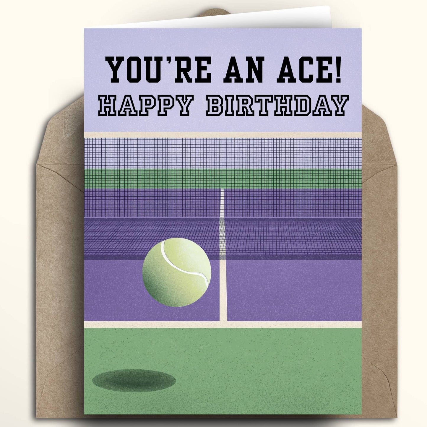 A tennis-themed birthday card with a kraft envelope behind it. The card reads 'YOU'RE AN ACE! HAPPY BIRTHDAY' above an illustrated purple and green tennis court with a tennis ball.
