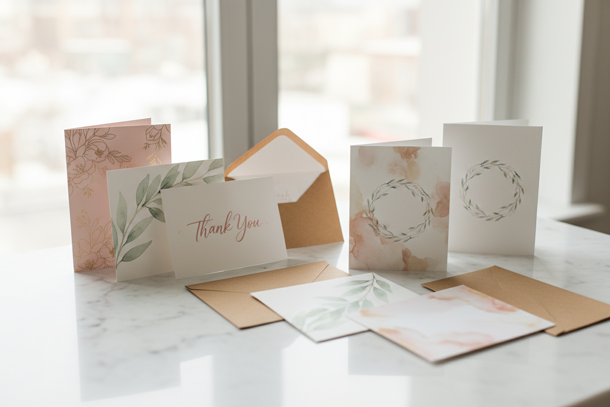 a spread of greeting cards from left to right, different heights across the image.  The cards and the background are elegant in theme, style and colour. kraft envelopes behind the cards.