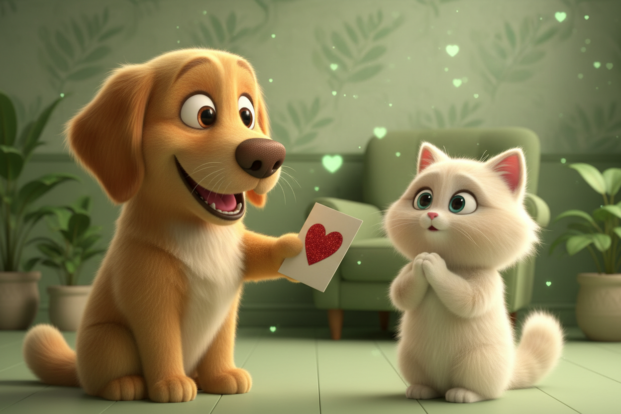 a pixar style image banner of a dog handing a valentine's day card to a cat, general sage green them. 