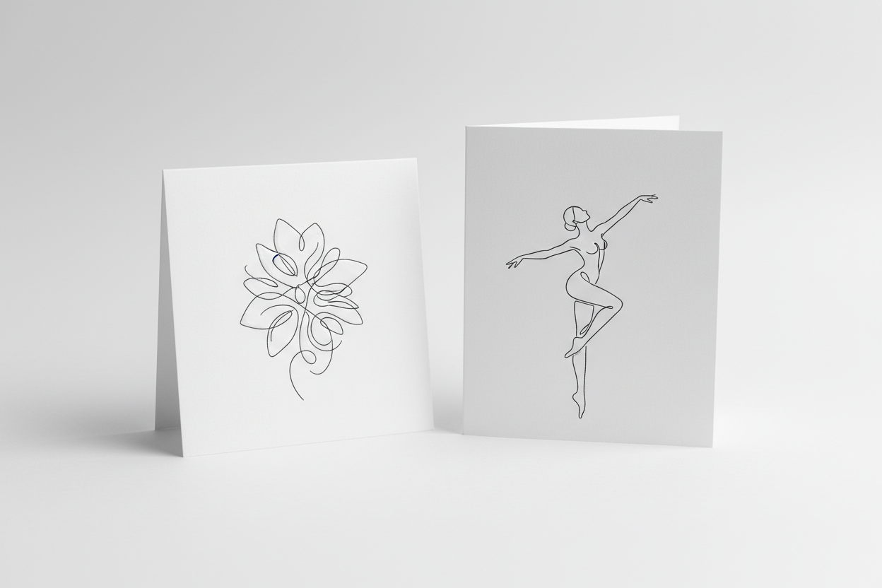 a square greeting card and a 5x7 inch sized greeting card, both white with an artistic line drawing on the front of each.  Plain background. 