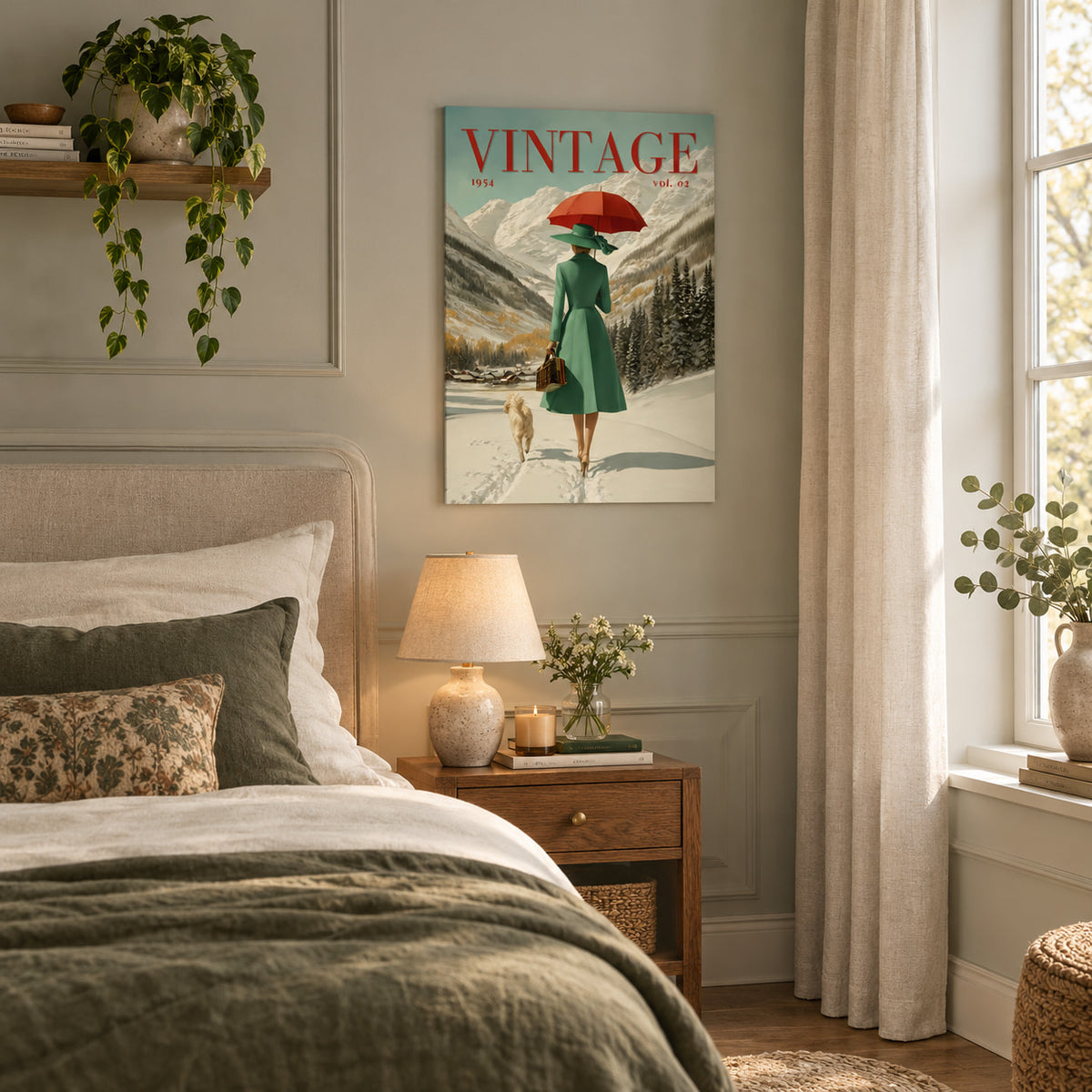 A vintage-style wall art print featuring a woman in a green coat and red umbrella walking through snow, styled in a cozy bedroom above a bed with neutral-toned bedding and a wooden nightstand.