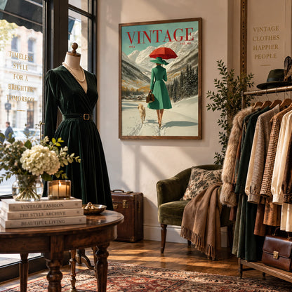 A styled boutique interior with a dark green velvet dress on a mannequin, a vintage-style framed poster reading 'VINTAGE' hanging on the wall, a green armchair with a tan throw, clothing racks, and wooden furniture.
