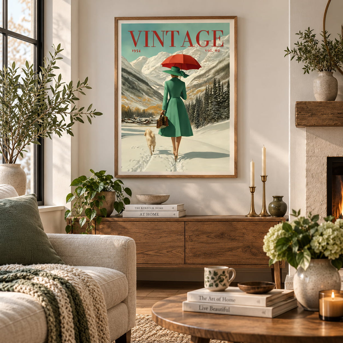 A framed vintage-style wall art print hangs above a wooden console in a styled living room. The artwork shows a woman in a green coat and red umbrella walking through snow with mountains in the background and the word 'VINTAGE' at the top.