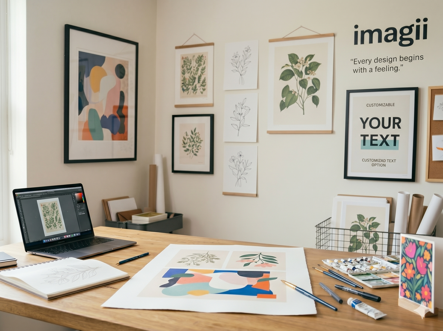Desk with art supplies and framed artwork in a room with 'imagii' branding.